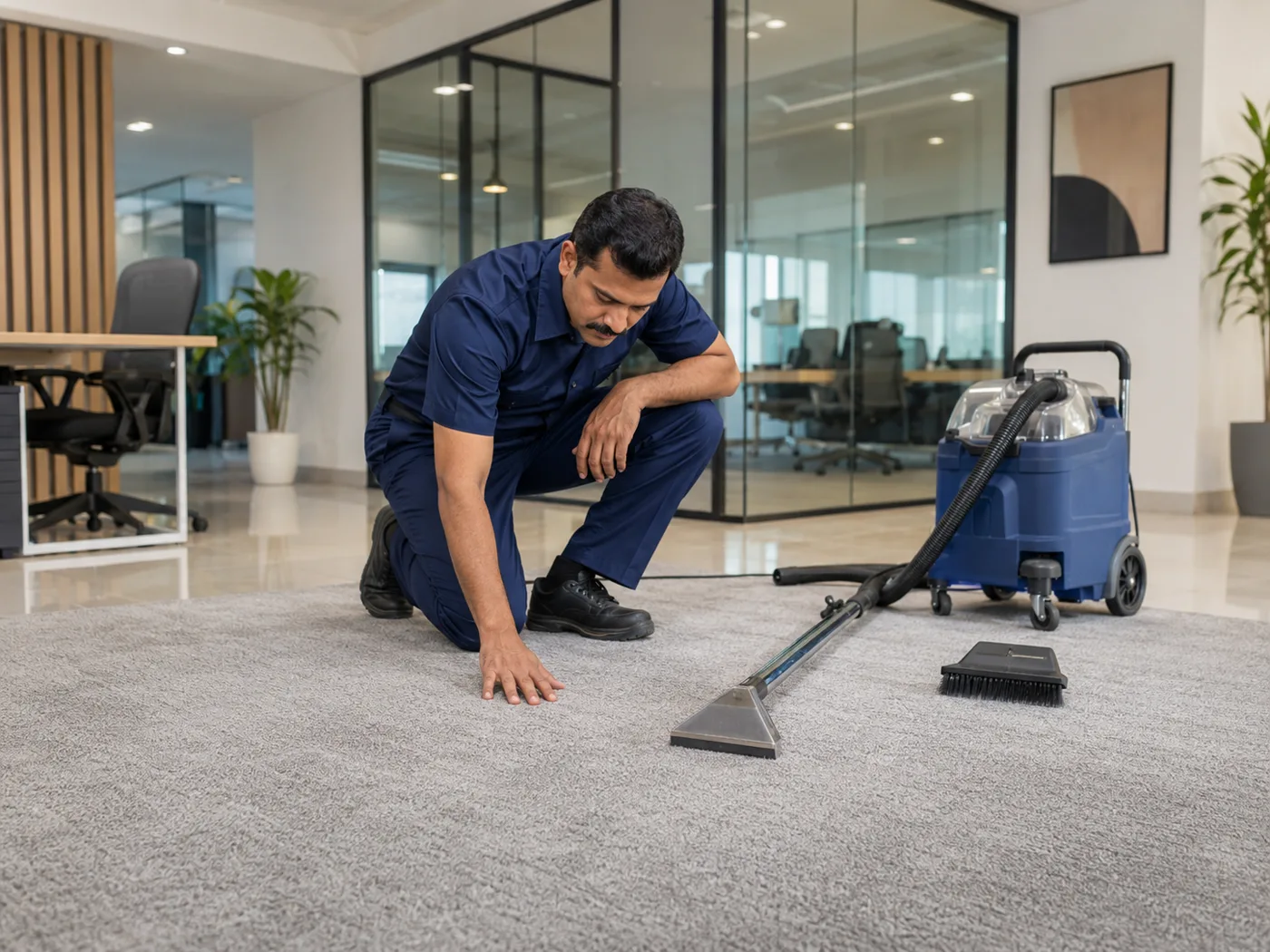 JPR Carpet Service professional inspecting a cleaned office carpet